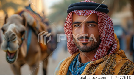 Middle Eastern man with camel close up portrait 117377618