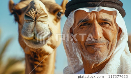 Middle Eastern man with camel close up portrait 117377623