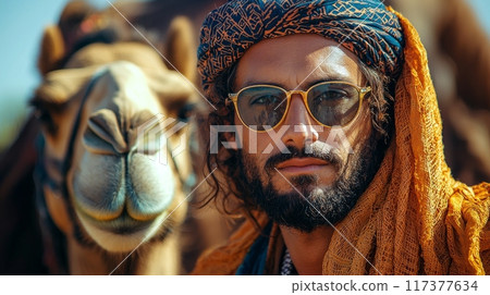 Middle Eastern man with camel close up portrait 117377634