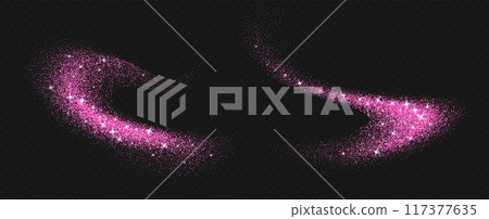 Pink glitter splashes, shiny star dust explosion, shimmer spray effect, festive holiday particles 117377635