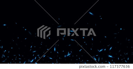 Blue fire sparks, abstract glowing embers, heat sparkles, flying flame cinder. 117377636