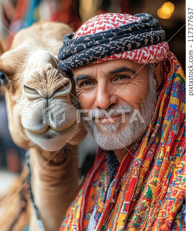 Middle Eastern man with camel close up portrait 117377637