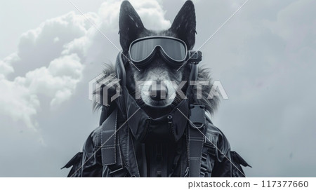 Dog wearing goggles and pilot dress. gloomy portrait of a cyberpunk dog 117377660