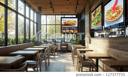 Blank mock up for menu board display screen, for restaurant cafe food business. Warm cozy atmosphere 117377733