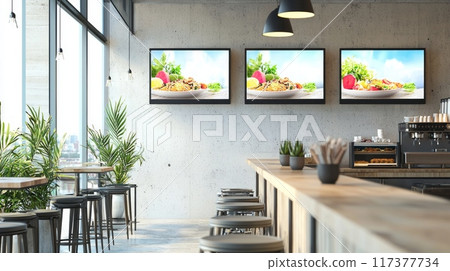 Blank mock up for menu board display screen, for restaurant cafe food business. Warm cozy atmosphere 117377734