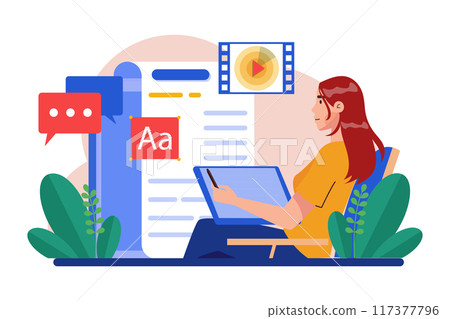 Blogger girl writes articles and videos for a blog Blogger girl writes articles and videos for a blog 117377796