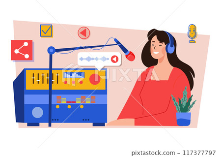 Young woman in headphones singing in the recording studio Illustration concept on white background Young woman in headphones singing in the recording studio Illustration concept on white background 117377797