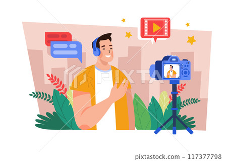 Guy makes selfie photos and videos on a camera Illustration concept on white background 117377798