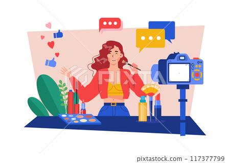 Beauty blogger recording makeup tutorial video for vlog Illustration concept on white background 117377799