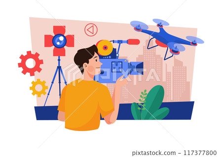 Videographer with professional studio equipment Illustration concept on white background 117377800