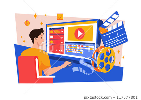 Video creator edits video with professional equipment Illustration concept on white background 117377801