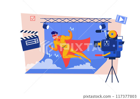 Superhero movie-making scene with special effects Illustration concept on white background Superhero movie-making scene with special effects Illustration concept on white background 117377803