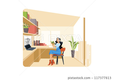 Female author is reading a book in the office Female author is reading a book in the office 117377813