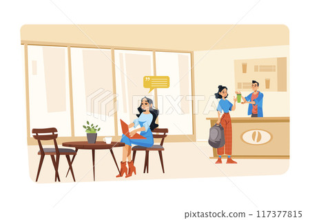 Female copywriter typing on a laptop while sitting in the coffee shop 117377815