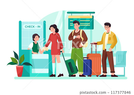 Passengers stand in line to check in at the airport 117377846