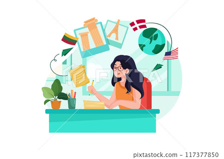 Young woman writes about attractive destinations in travel 117377850