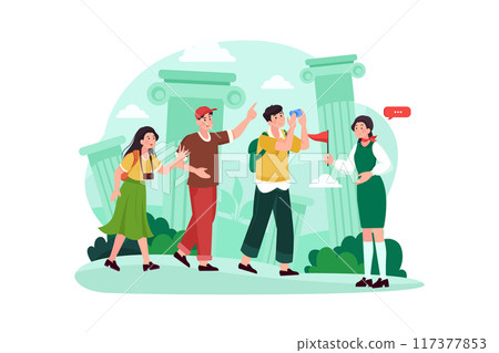 Tour guide lady and group of tourists Tour guide lady and group of tourists 117377853