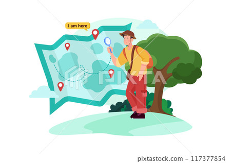 Male passenger is looking for a tourist destination on the map 117377854