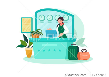 Hotel receptionist in the lobby at the front desk Hotel receptionist in the lobby at the front desk 117377855