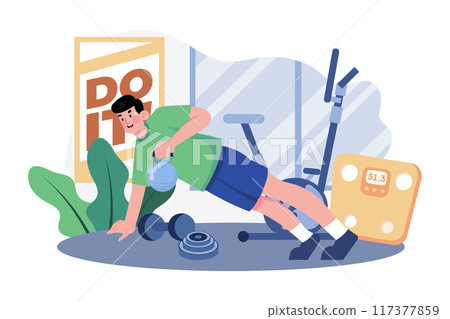 Man is doing kettlebell exercises at the gym Illustration concept on white background 117377859