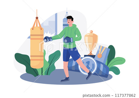 Man boxing training at home Illustration concept on white background Man boxing training at home Illustration concept on white background 117377862
