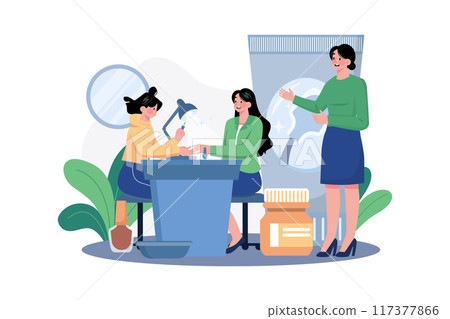 Women in a nail salon receive manicures from beauticians. Women in a nail salon receive manicures from beauticians. 117377866