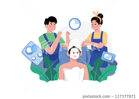 Woman applies a white moisturizing mask. Woman applies a white moisturizing mask. 117377871