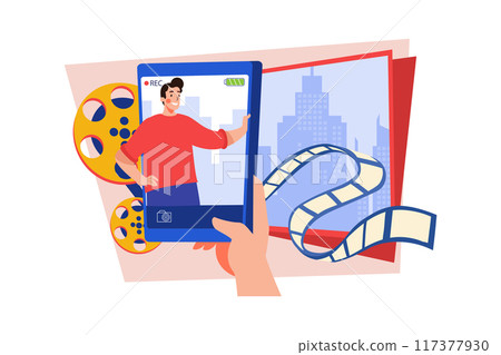 Blogger makes video clips. Guy shoots himself camera Illustration concept on white background 117377930