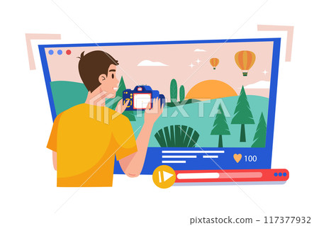 Guy recording vlog video on a camera Illustration concept on white background 117377932