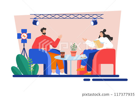 Media newsroom woman interview in a live studio Illustration concept on white background Media newsroom woman interview in a live studio Illustration concept on white background 117377935