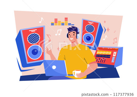 Music composer creating and recording music at the workplace with a computer, professional equipment, software 117377936