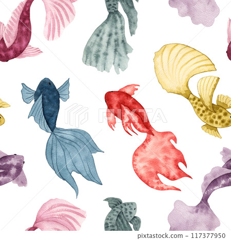 Seamless pattern with colorful fish. Watercolor illustration. Simple, stylized style of sea animals. Hand drawn isolated background. Underwater world of sea fauna for textiles, paper. Ocean and sea. 117377950