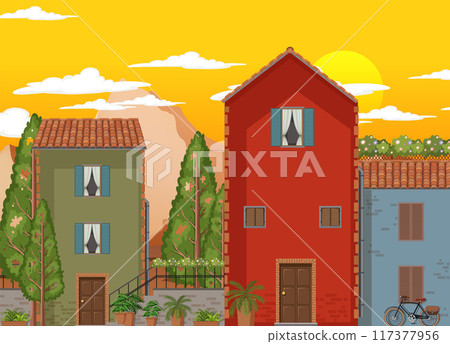 Charming Sunset Over Colorful Houses Charming Sunset Over Colorful Houses 117377956