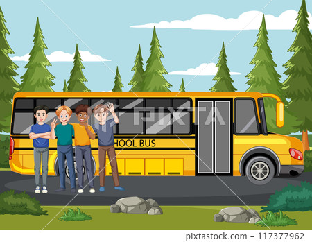 Friends Posing by School Bus 117377962