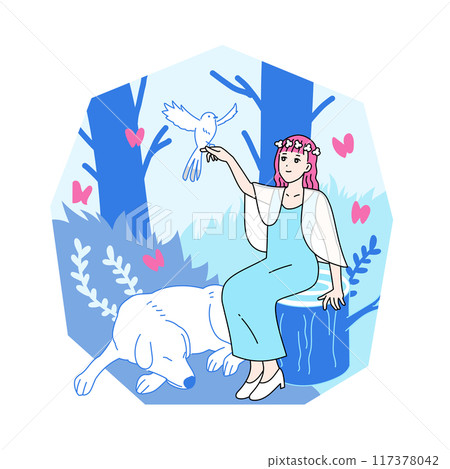 一名婦女與自然界中的動物互動的插圖-調解員 117378042