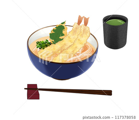 天婦羅烏龍麵配茶和筷子 117378058