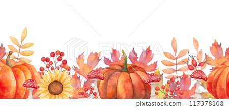 Autumn leaves with berries, pumpkins and mushrooms. Seamless border. Hand drawn isolated botanical frame. Watercolor illustration. Background for invitations to harvest festival, thanksgiving. 117378108