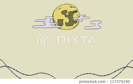 A beige background illustration of a moon-viewing scene. Hand-drawn in a pen-and-ink style. There is a shadow of a rabbit on the moon. A beige background illustration of a moon-viewing scene. Hand-drawn in a pen-and-ink style. There is a shadow of a rabbit on the moon. 117378290
