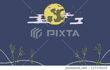 A background illustration of moon-viewing under the starry sky, with silver grass. Hand-drawn in a pen-and-ink style. There's a shadow of a rabbit on the moon. With a pattern. 117378325