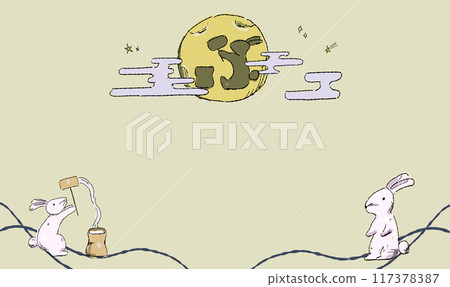 賞月的背景圖裝飾有星星，還有兔子搗年糕。鋼筆風格的手繪風格。兔子在月亮上的影子。 117378387