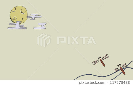 Beige background illustration of a moon viewing festival with dragonflies. Hand-drawn in a pen-and-ink style. With a pattern. 117378488