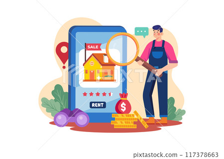 A man finding a house for rent on a mobile app A man finding a house for rent on a mobile app 117378663