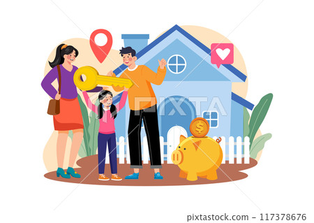 Happy family standing in front of a new house Happy family standing in front of a new house 117378676