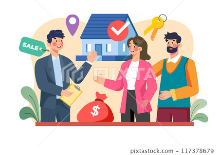 Broker helping the couple to choose a home for rent 117378679