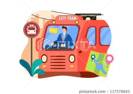 The man is driving a tram on the street 117378683