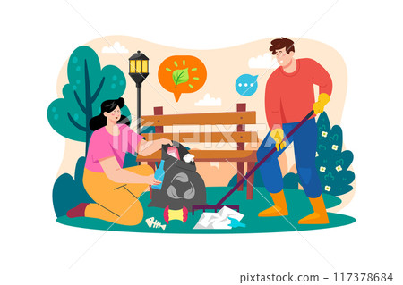 Volunteers are collecting garbage in the park 117378684