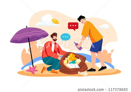 Volunteers are collecting trash on the beach 117378685