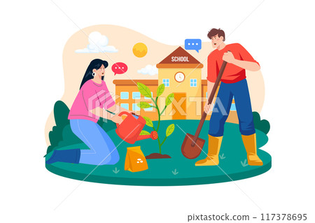 A couple is planting and taking care of trees in the schoolyard A couple is planting and taking care of trees in the schoolyard 117378695