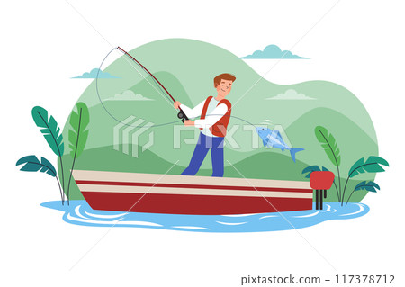 The guy is fishing on the boat The guy is fishing on the boat 117378712
