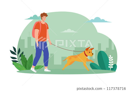 Young man walking with cute dog 117378716